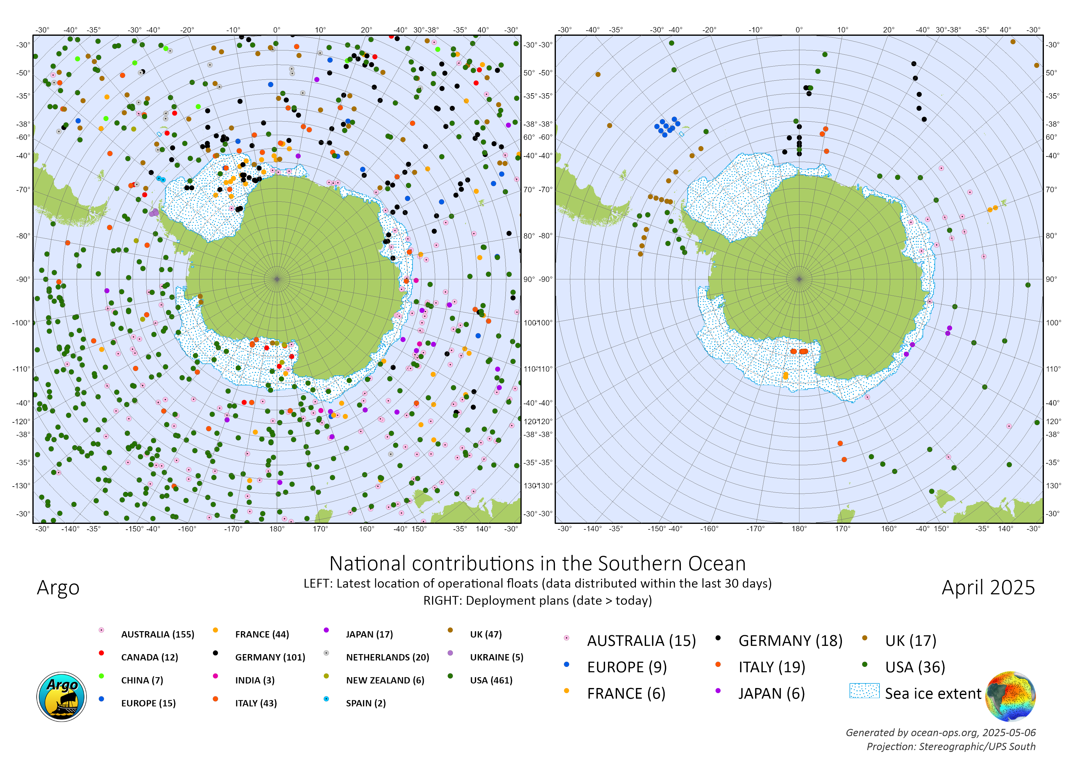 Current Argo float status and planned float deployments in the Southern Ocean